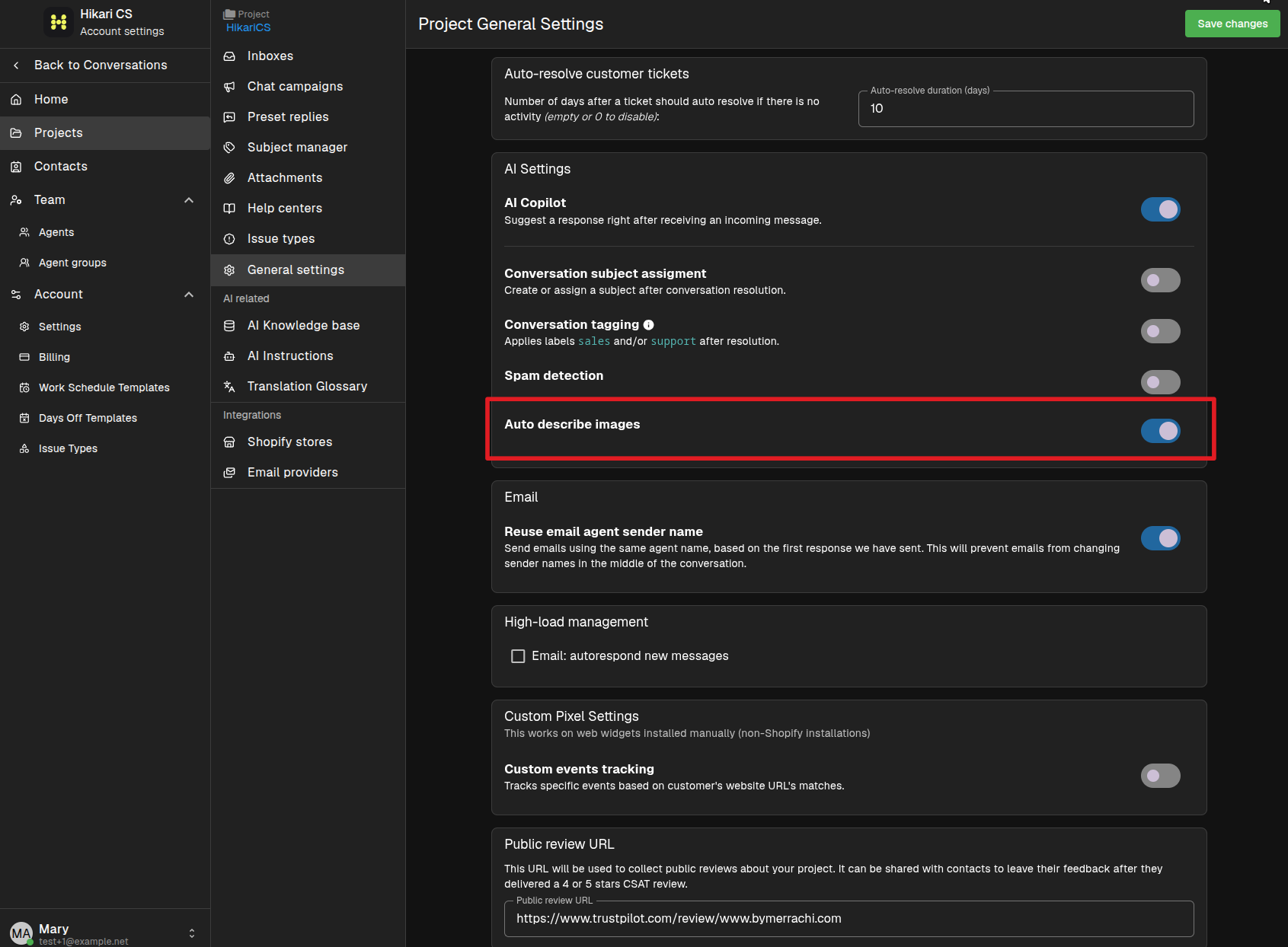 Project settings auto describe images toggle
