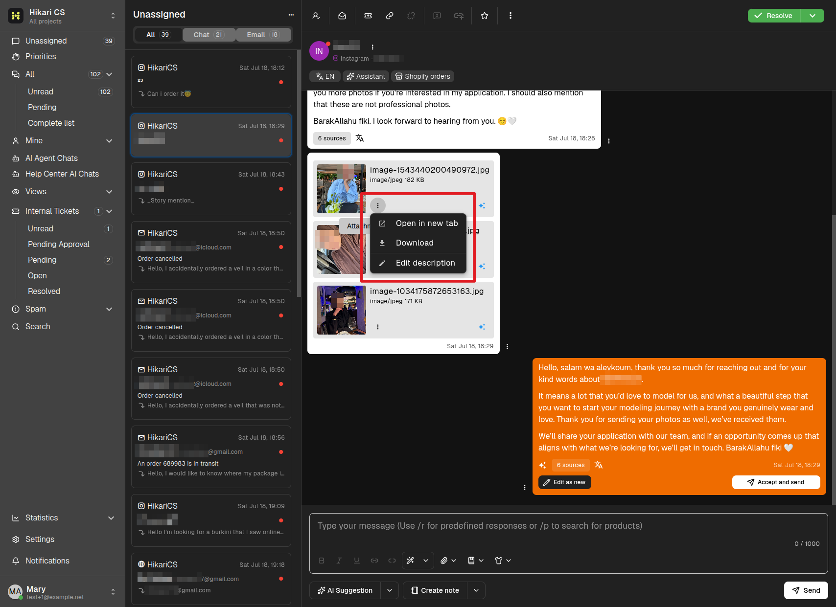 Attachment options menu