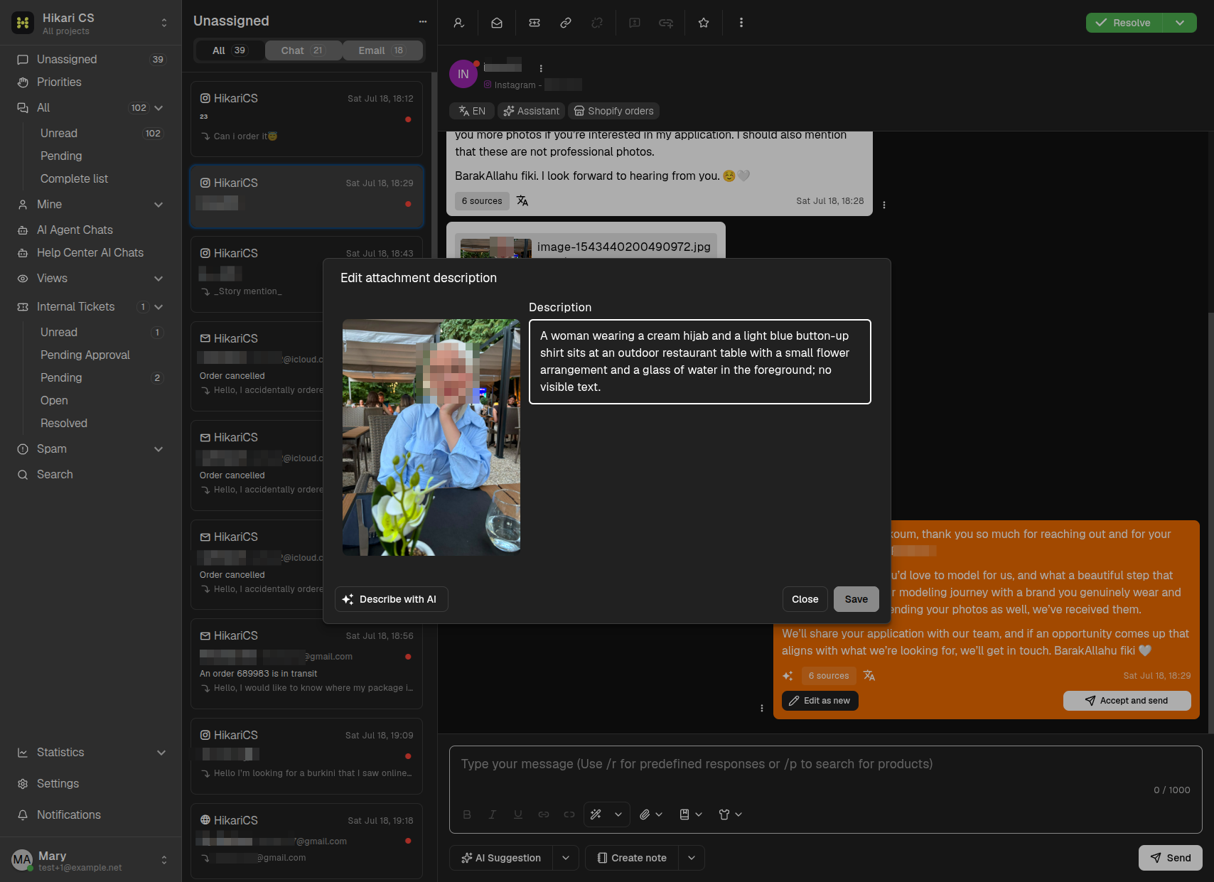 Edit attachment description dialog