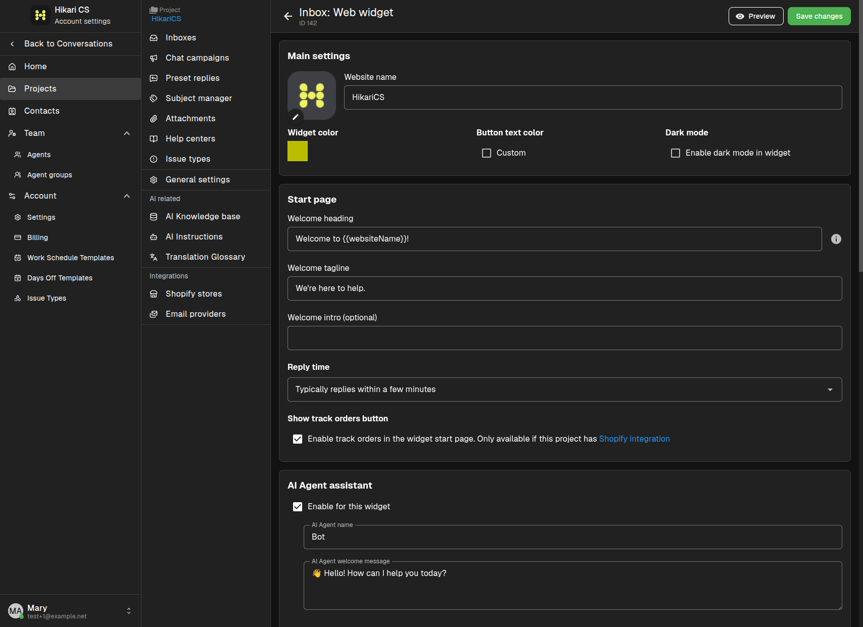 AI Agent assistant settings
