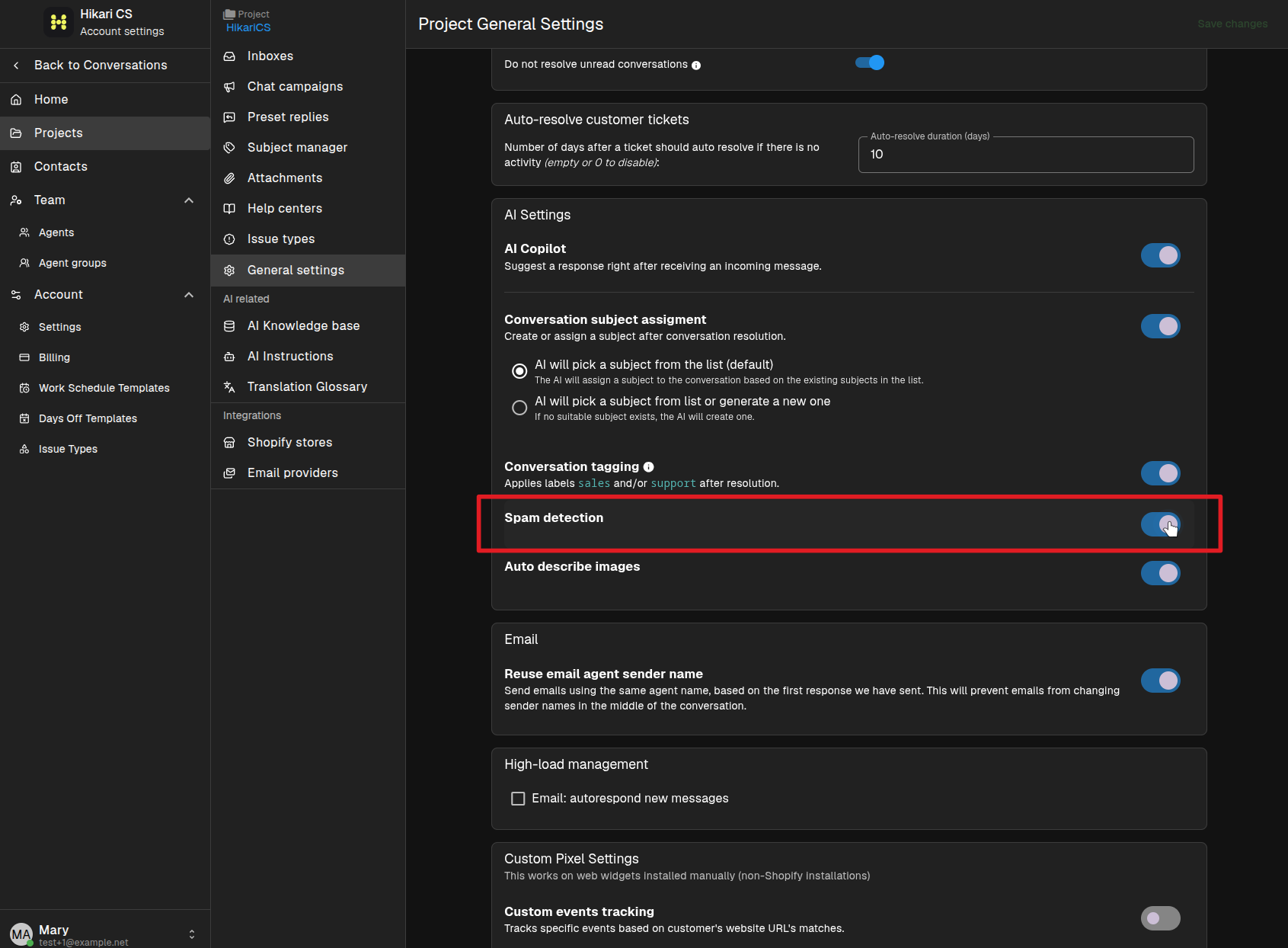 Project settings spam detection toggle