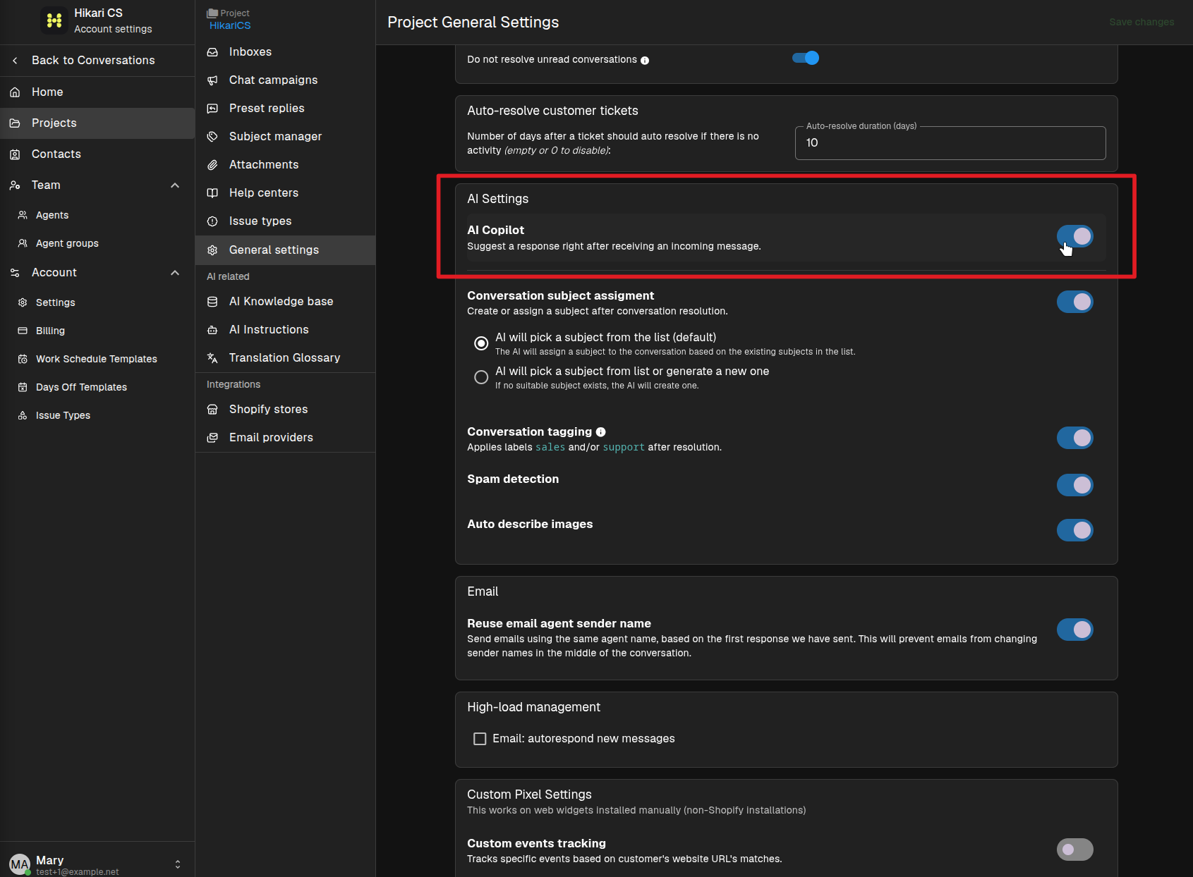 Project settings AI Copilot toggle