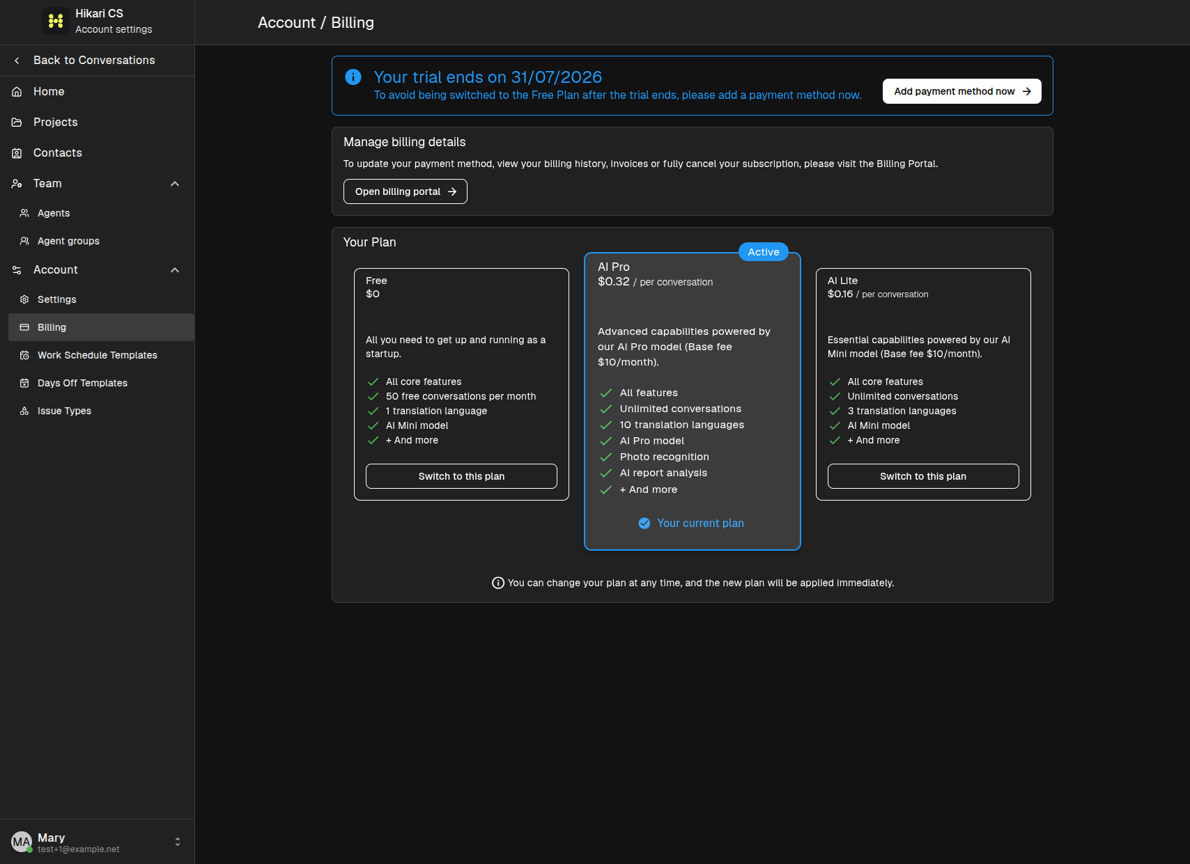 Billing page overview