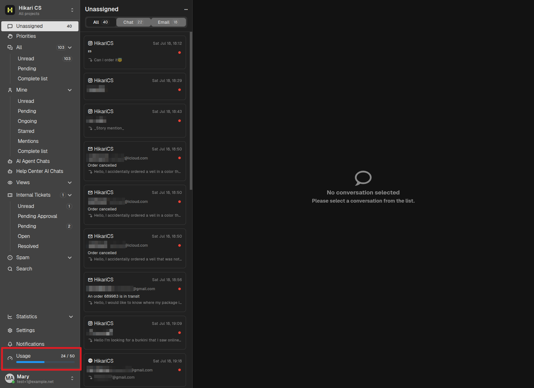 Conversation dashboard usage counter