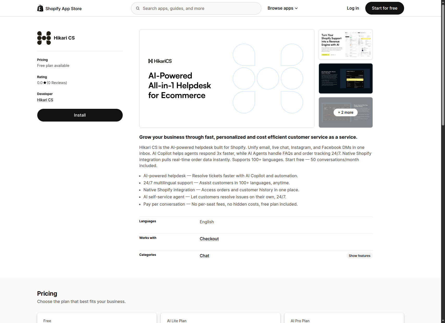 Hikari CS app listing in the Shopify App Store