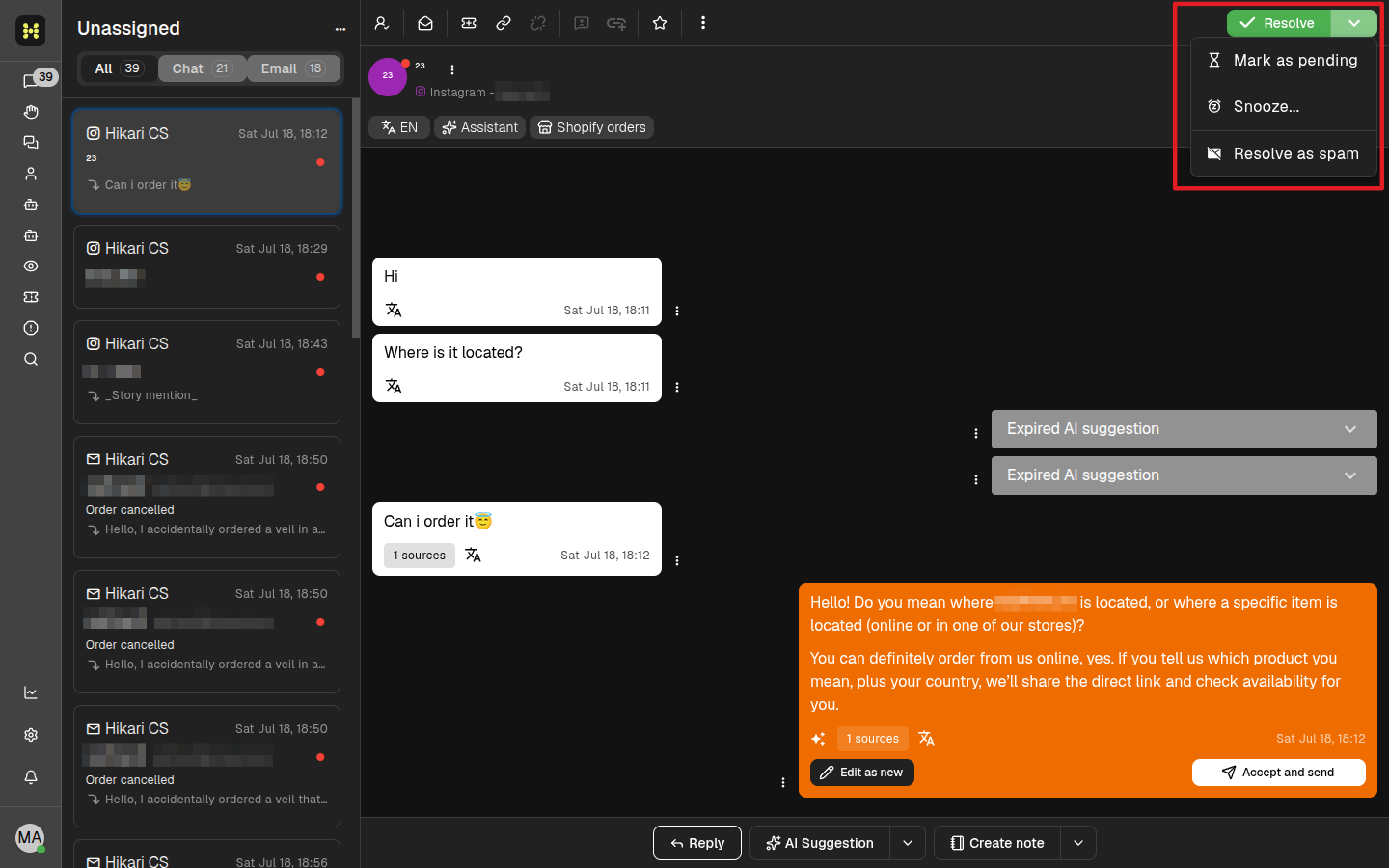 Conversation status options