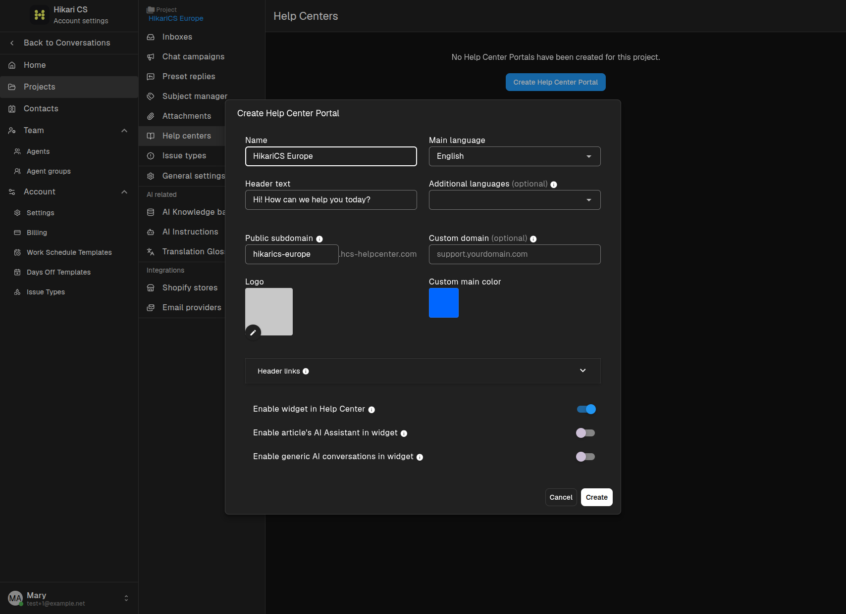Create Help Center dialog