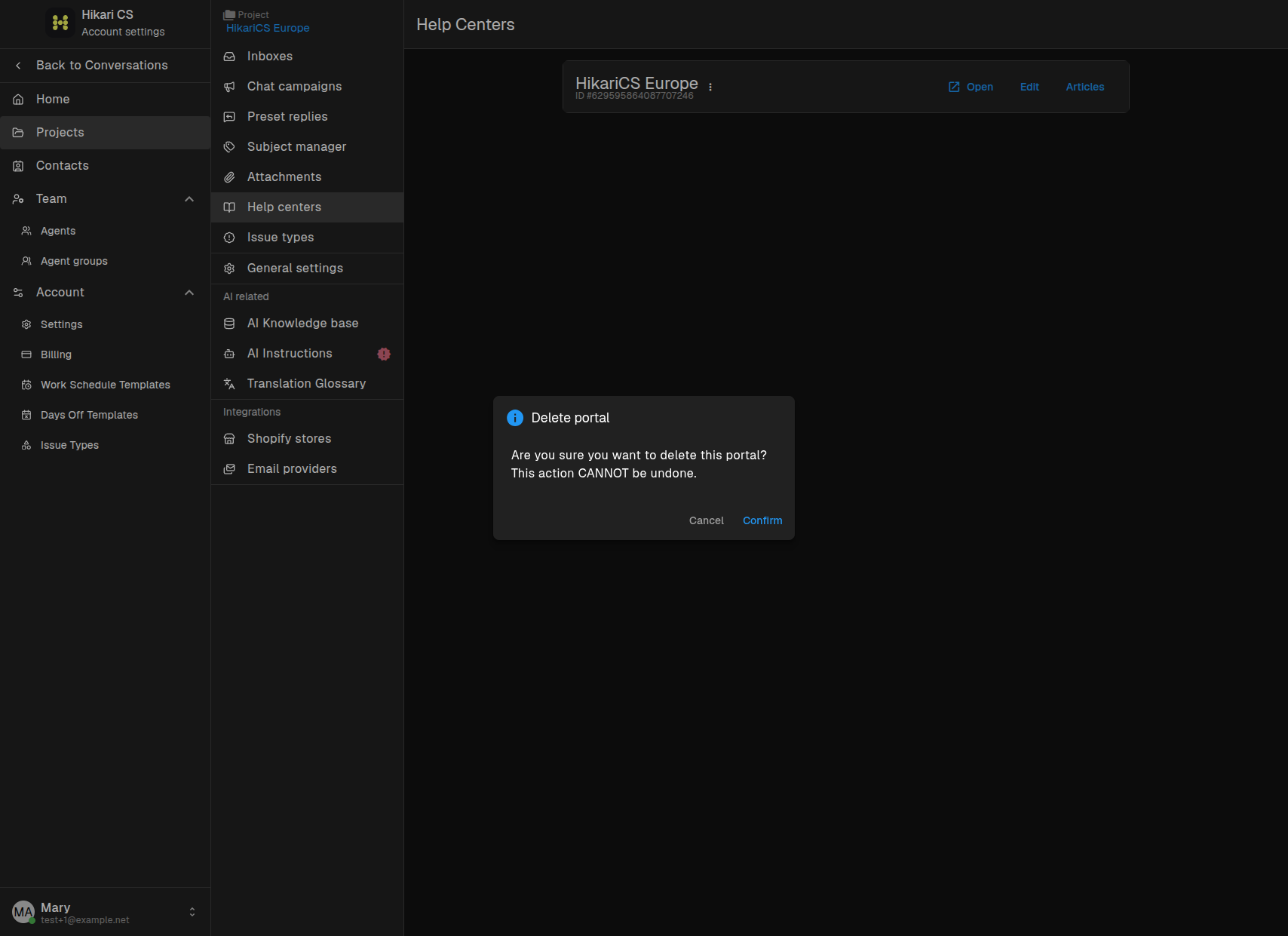Delete Help Center confirmation