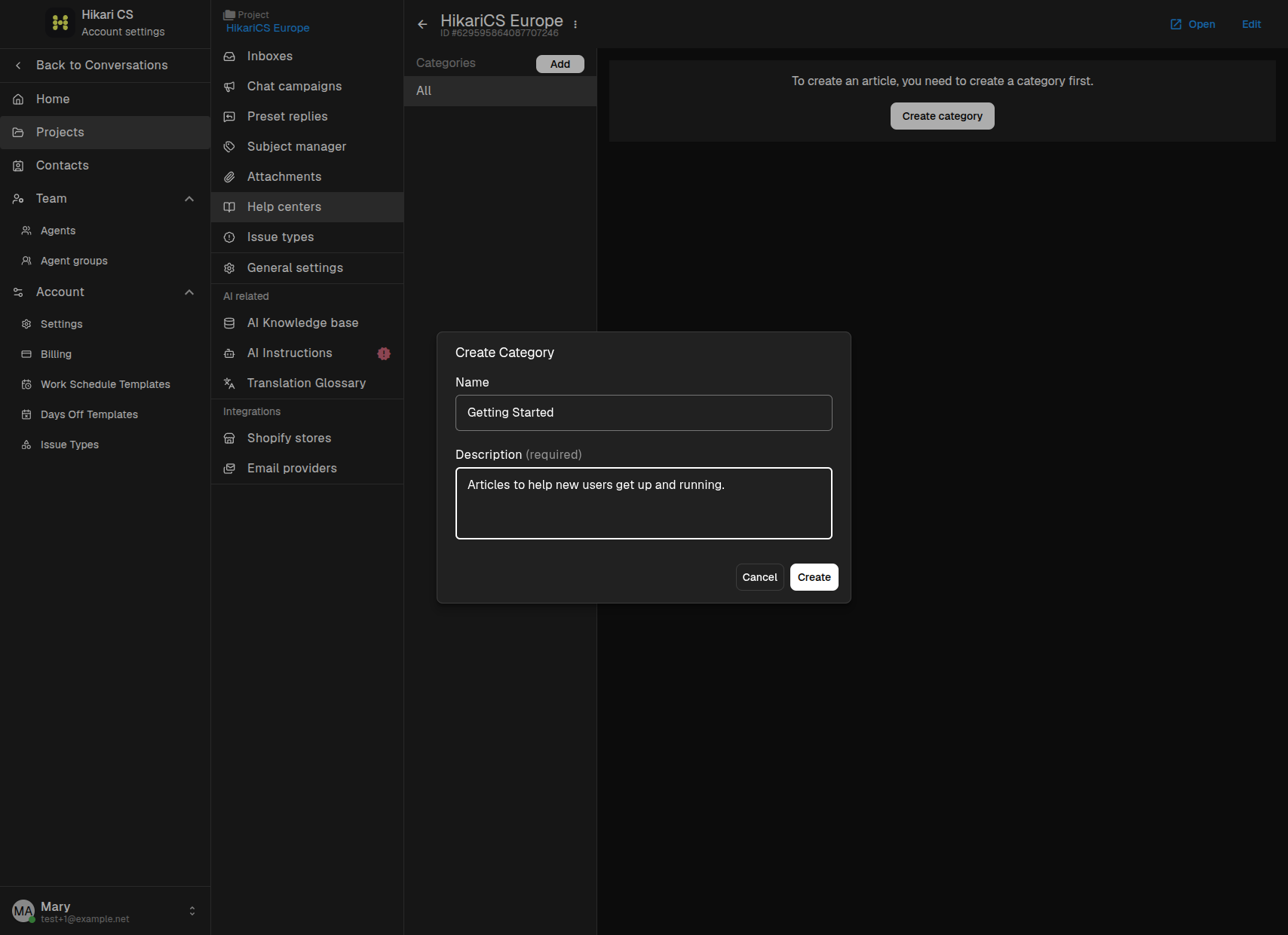 Create category dialog