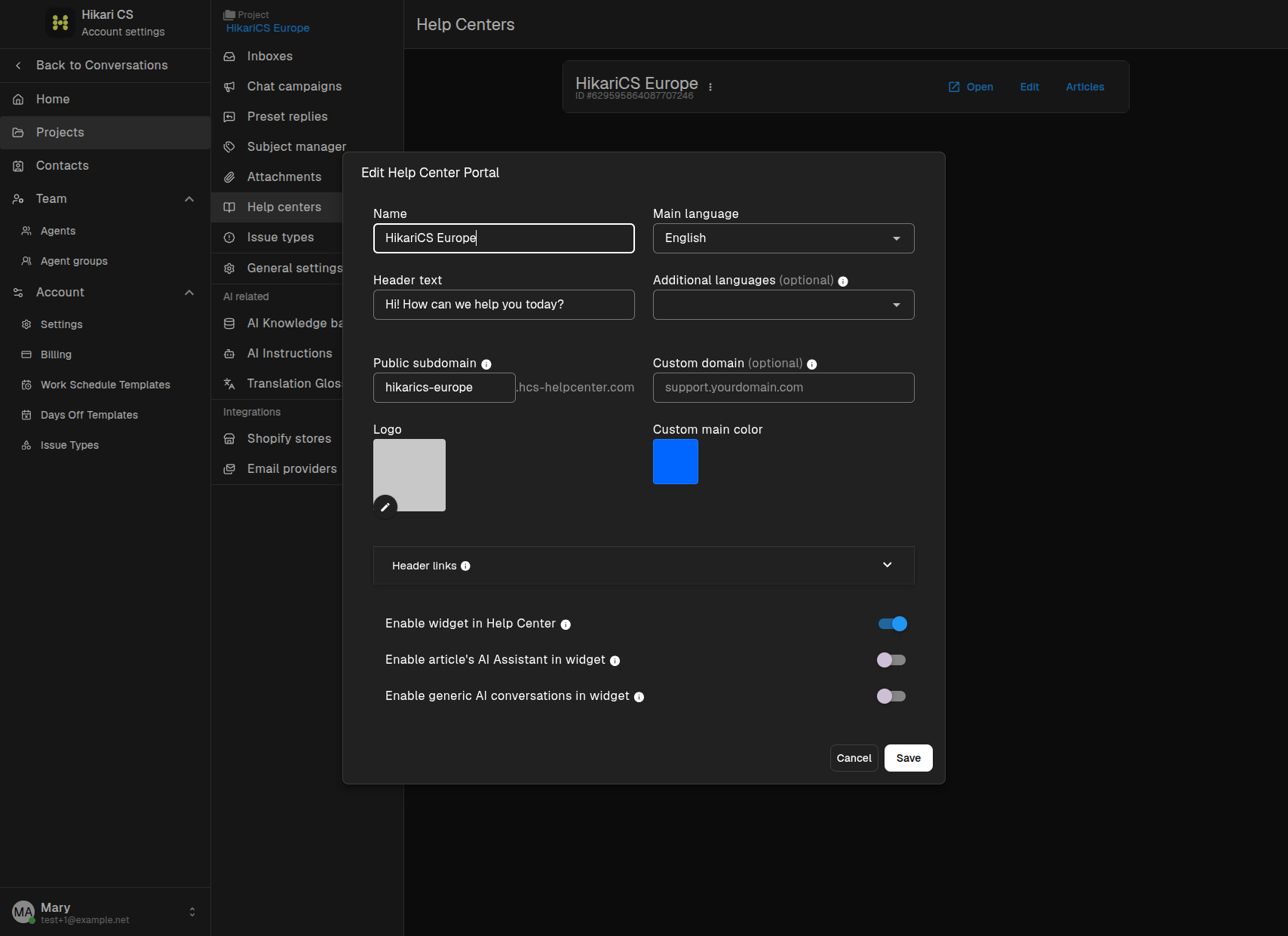 Edit Help Center dialog