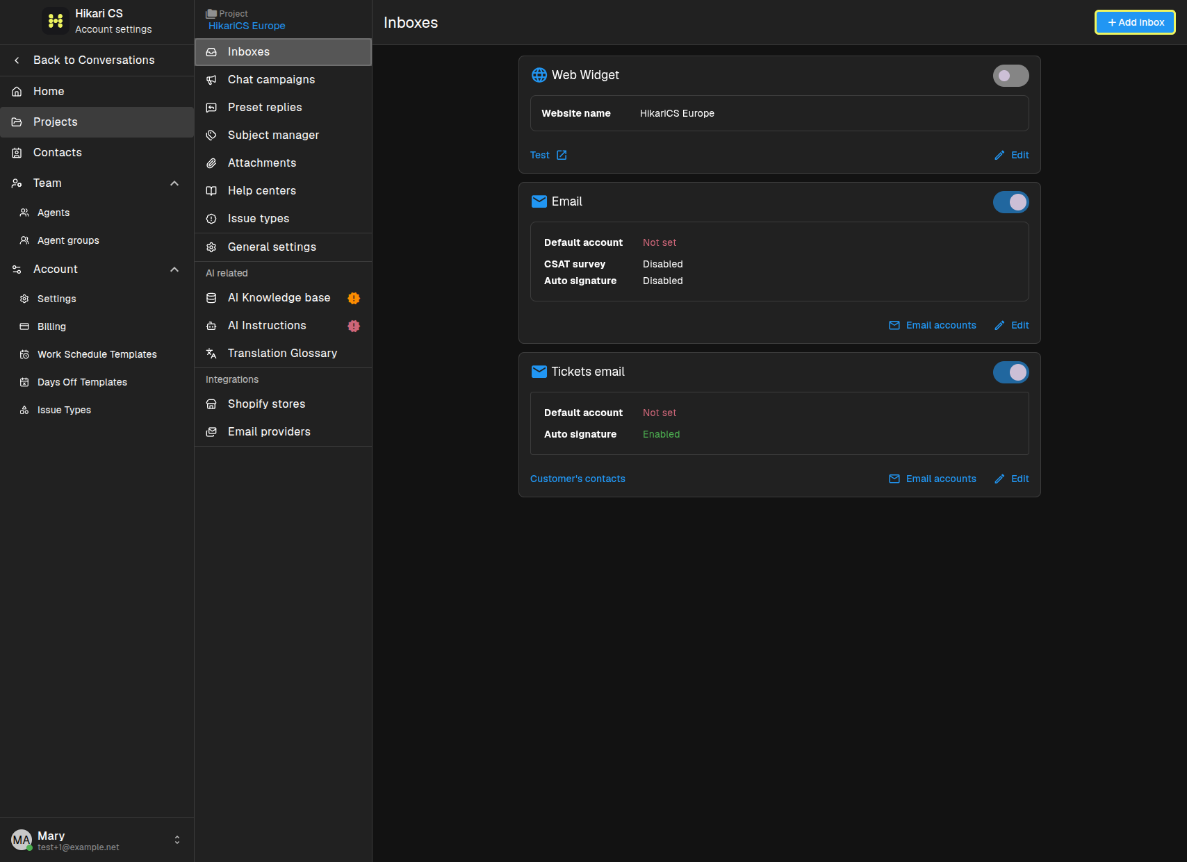 Project Inboxes page