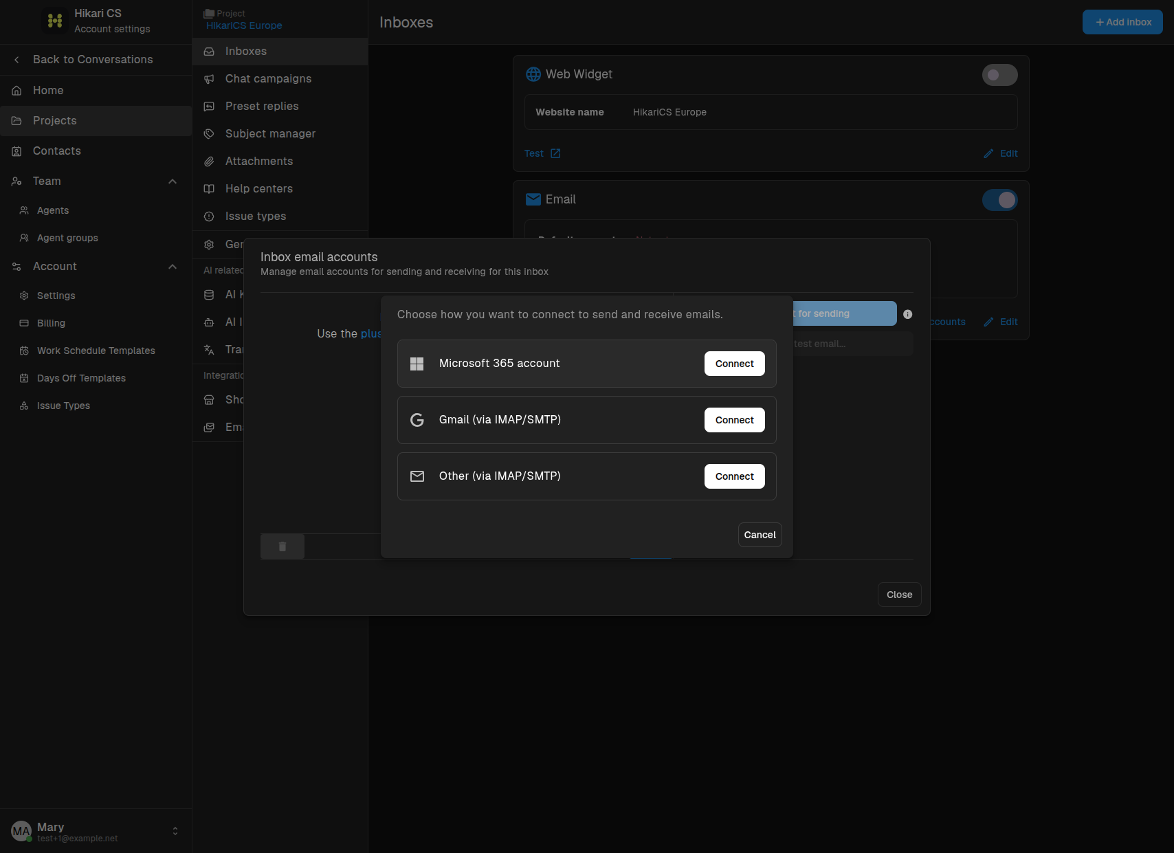Connect email provider dialog