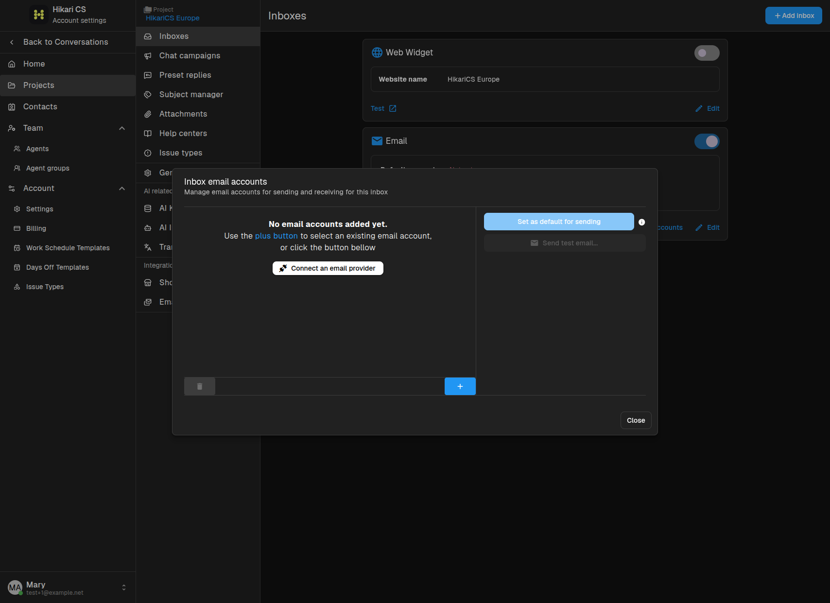 Inbox email accounts dialog