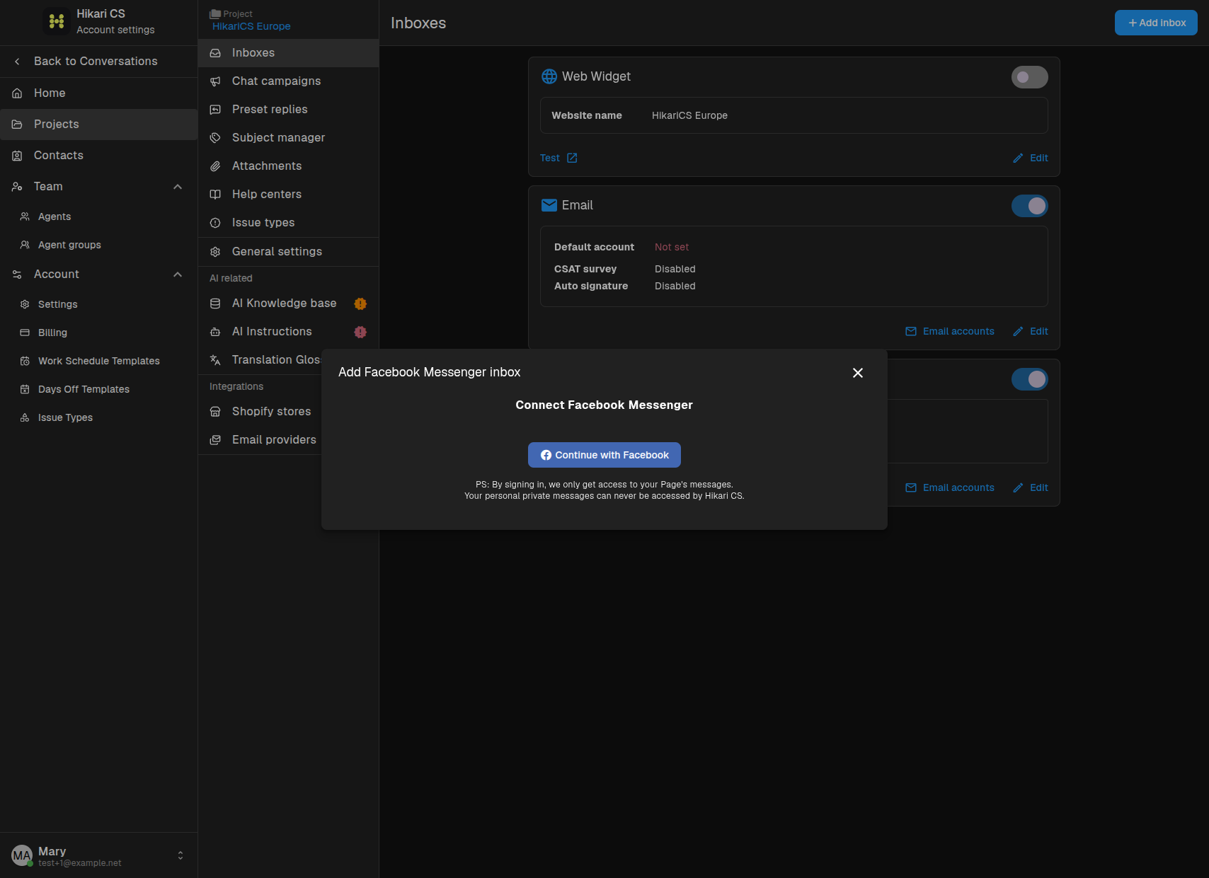 Add Facebook Messenger inbox dialog