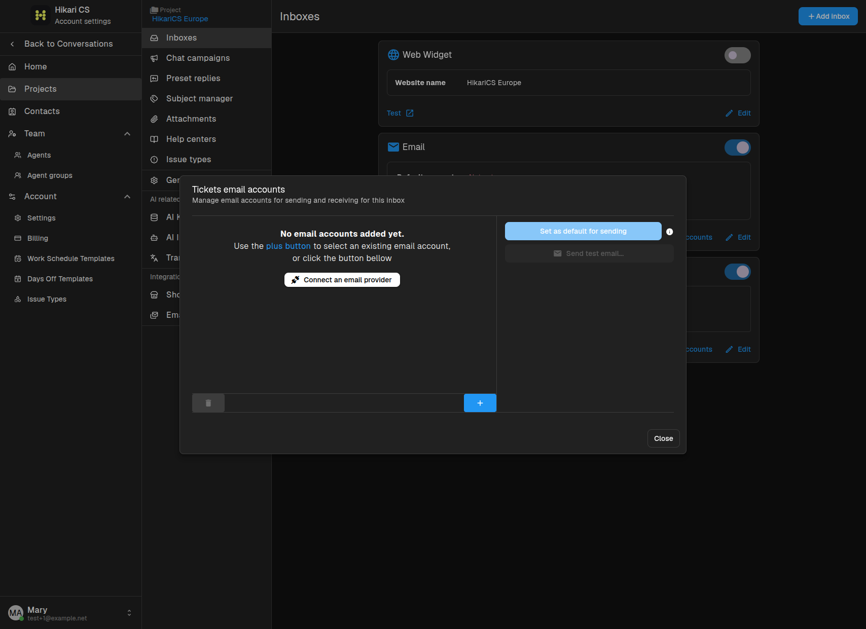 Tickets email accounts dialog