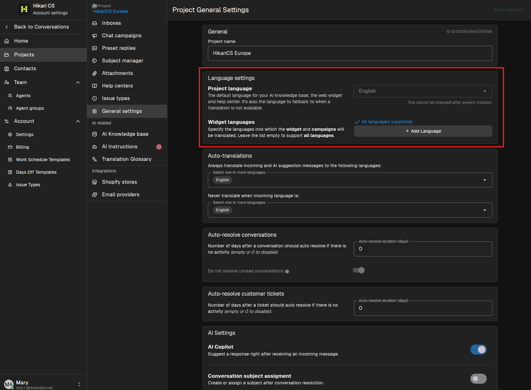 Project language settings