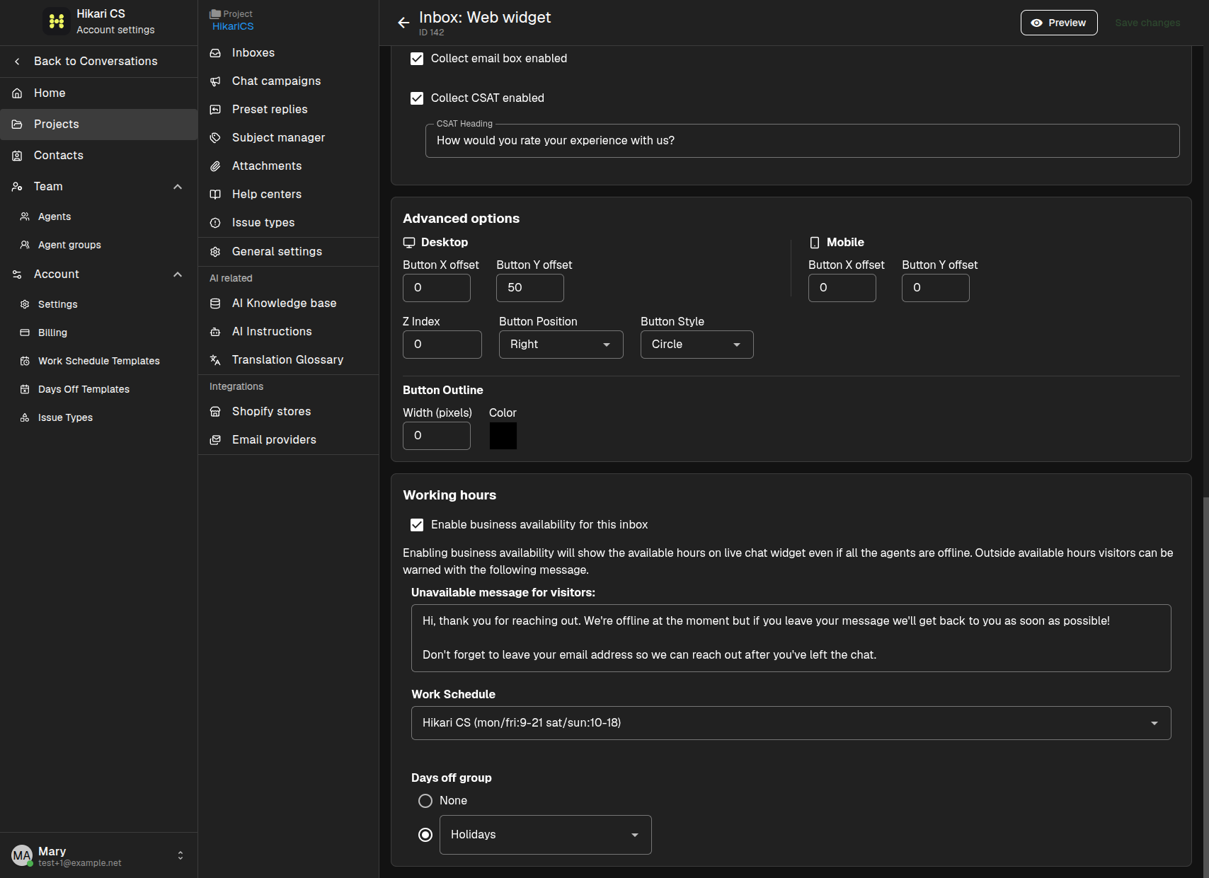 Widget advanced options