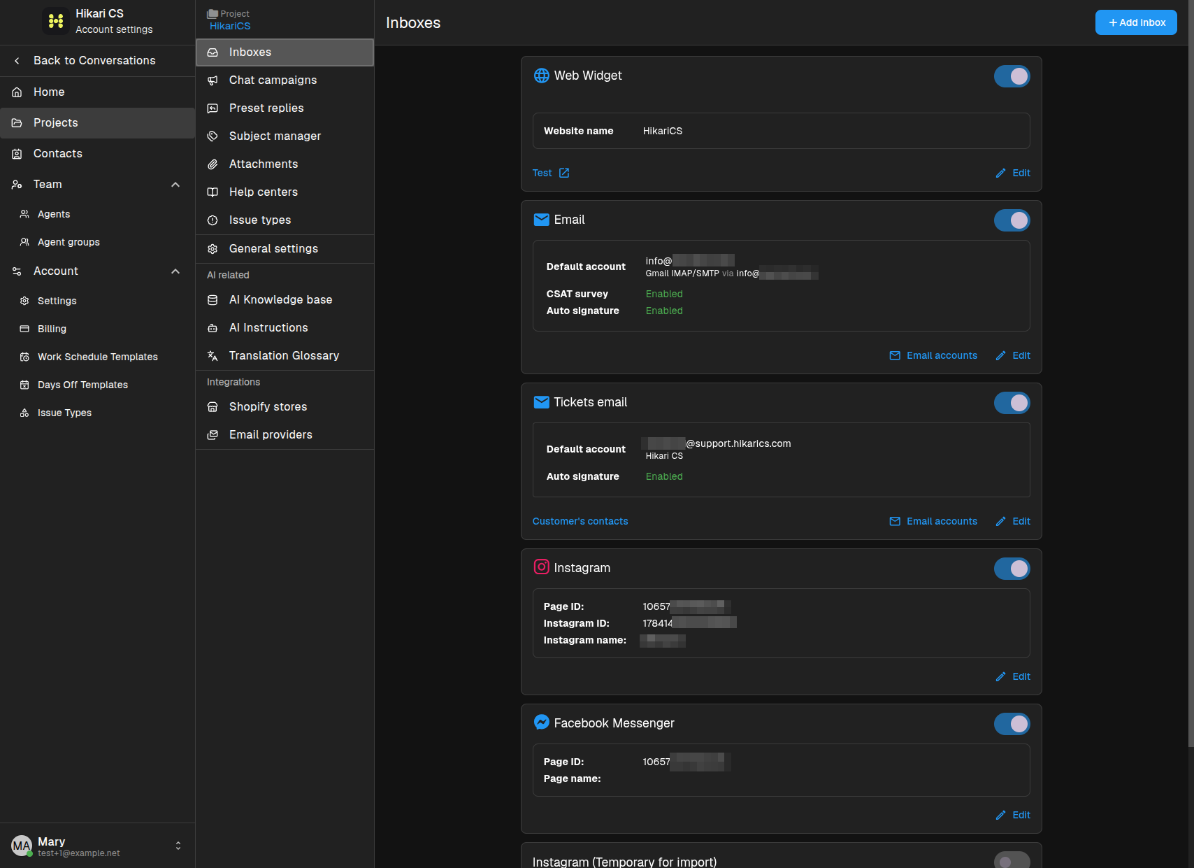 Project Inboxes page