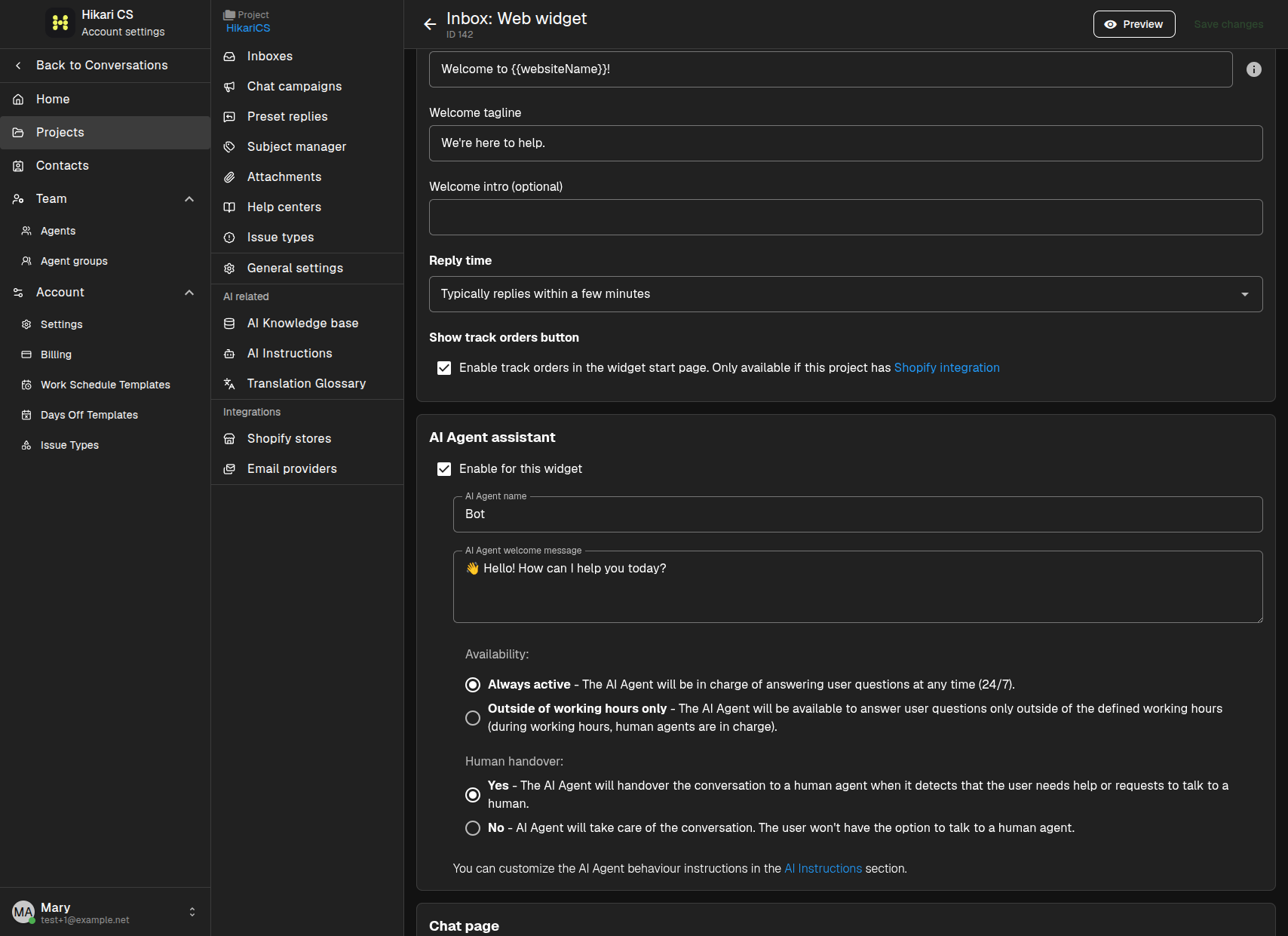 Widget start page settings
