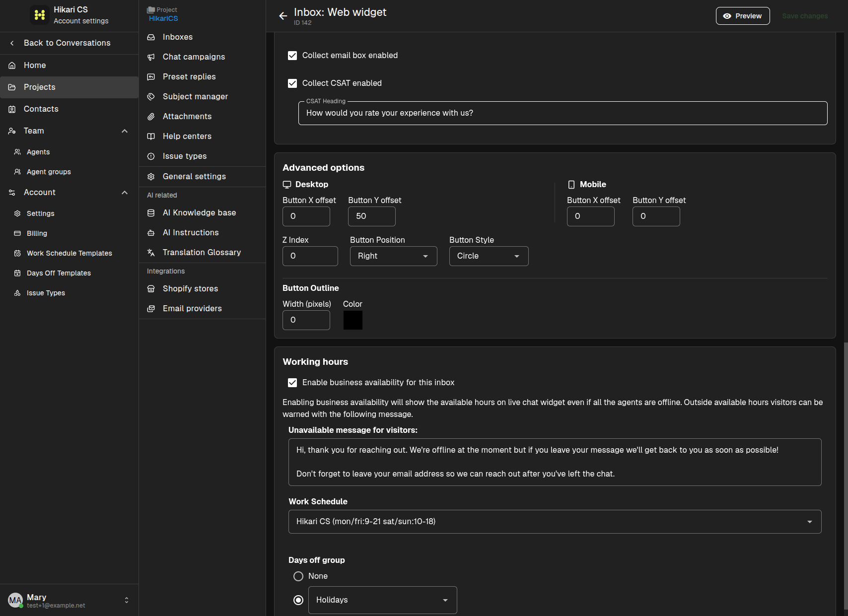 Widget chat page settings