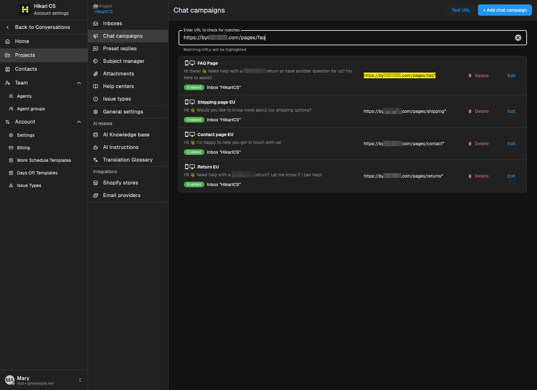 Test URL feature