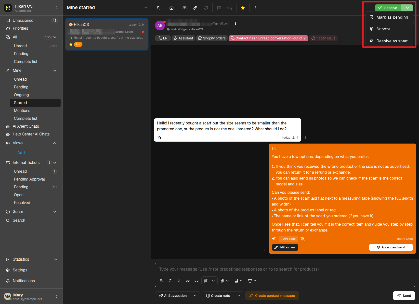 Status dropdown menu