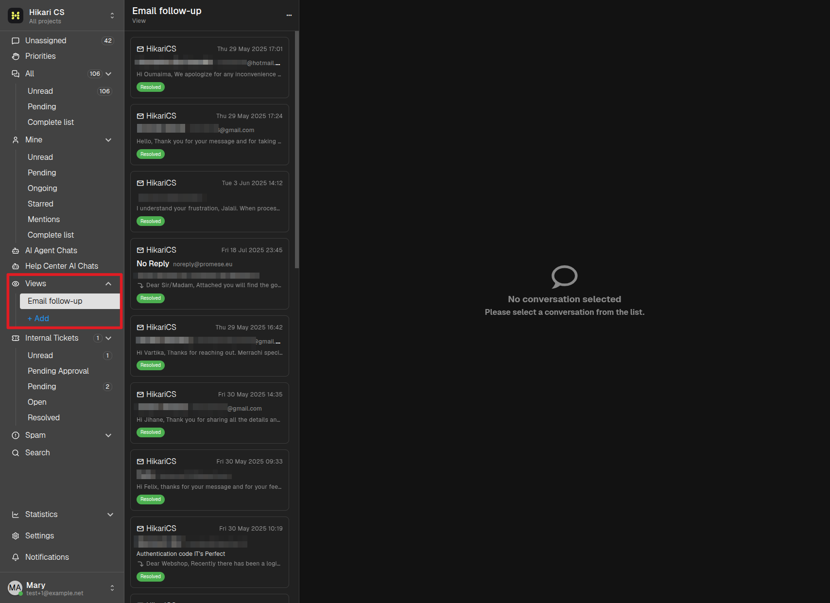 Saved view filtering the conversation list