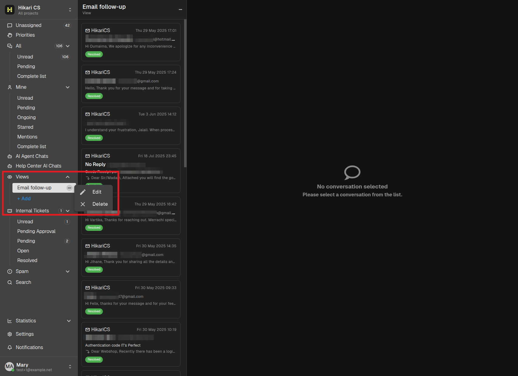 Edit and delete options of a view
