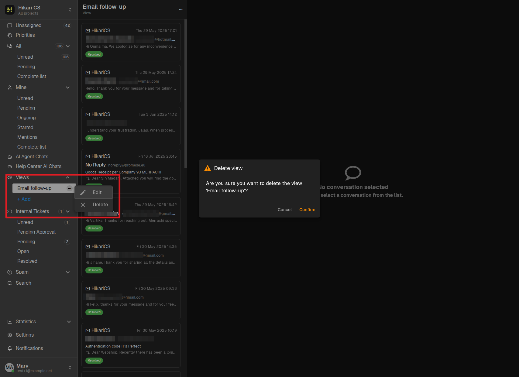 Delete view confirmation