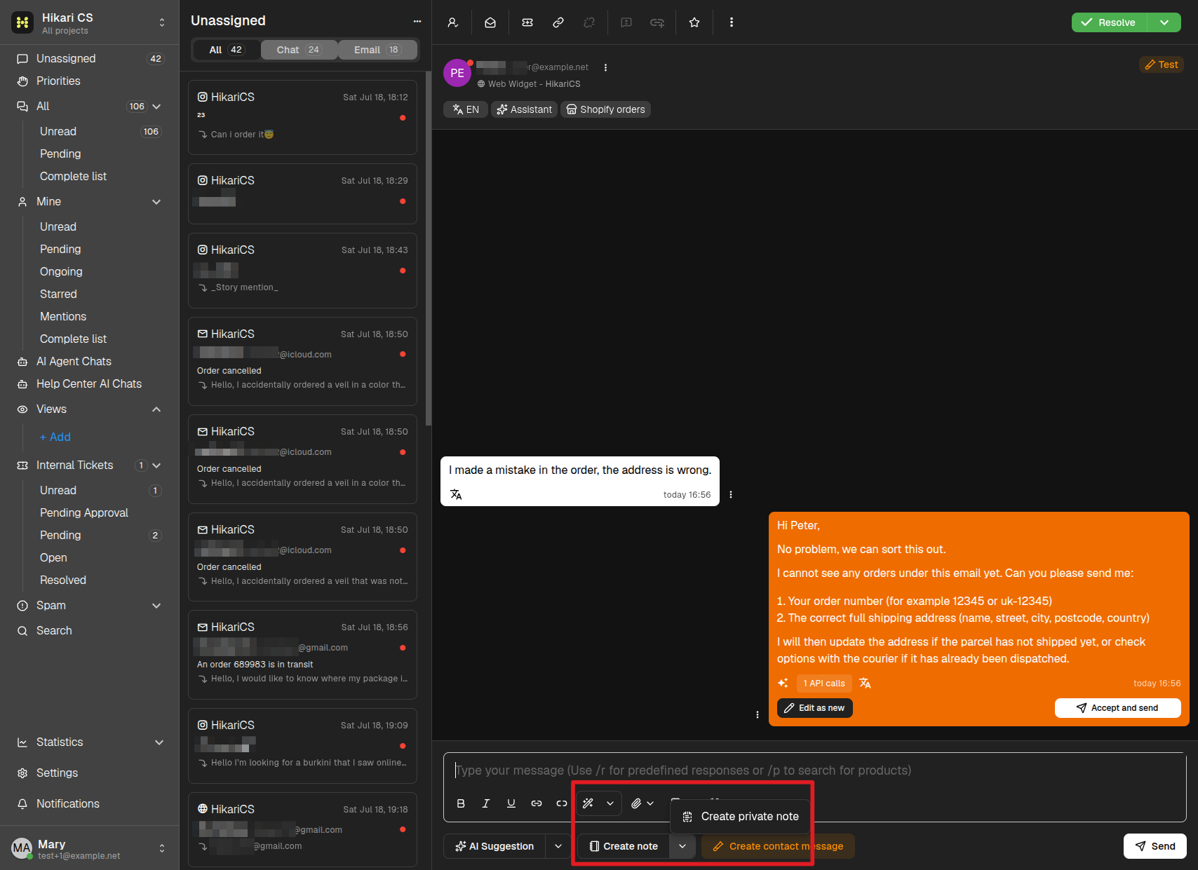 Create note dropdown with the Create private note option