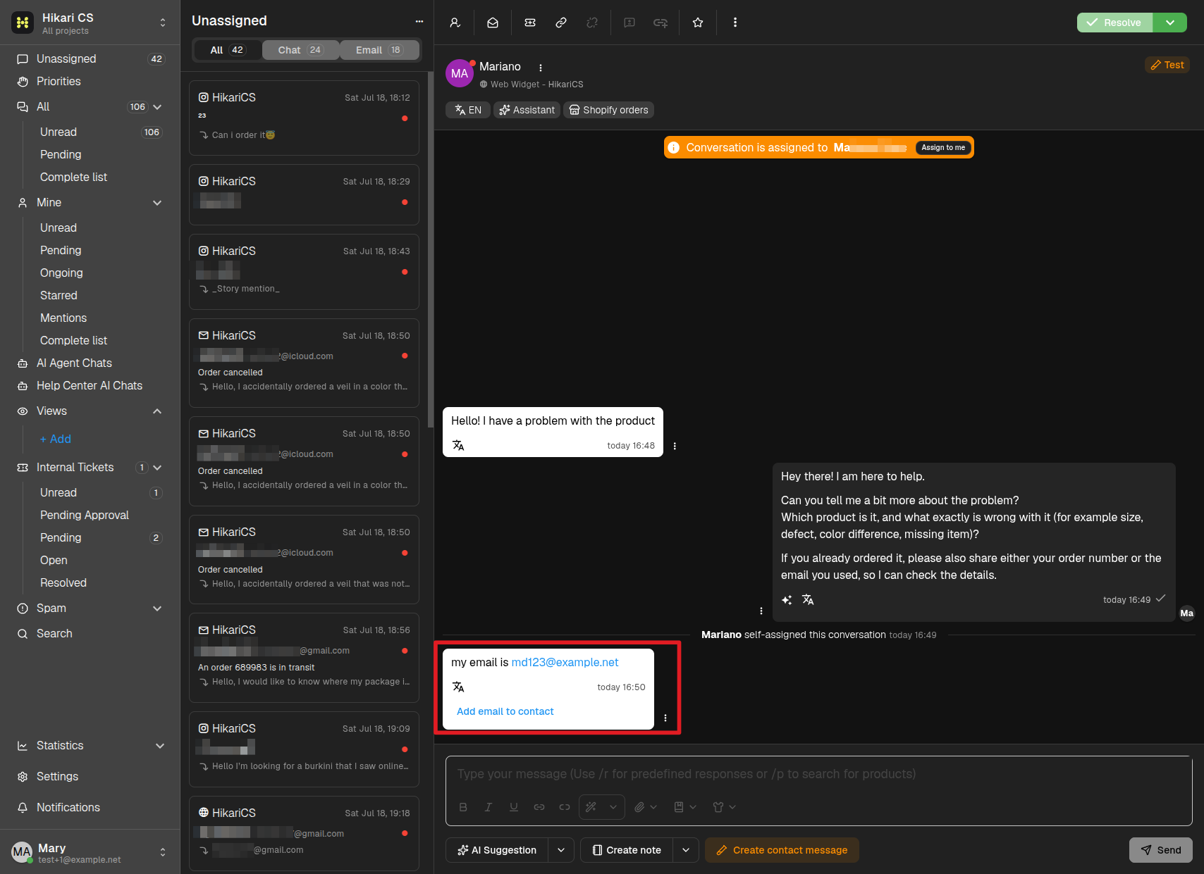 Email detected in a message with the Add email to contact button