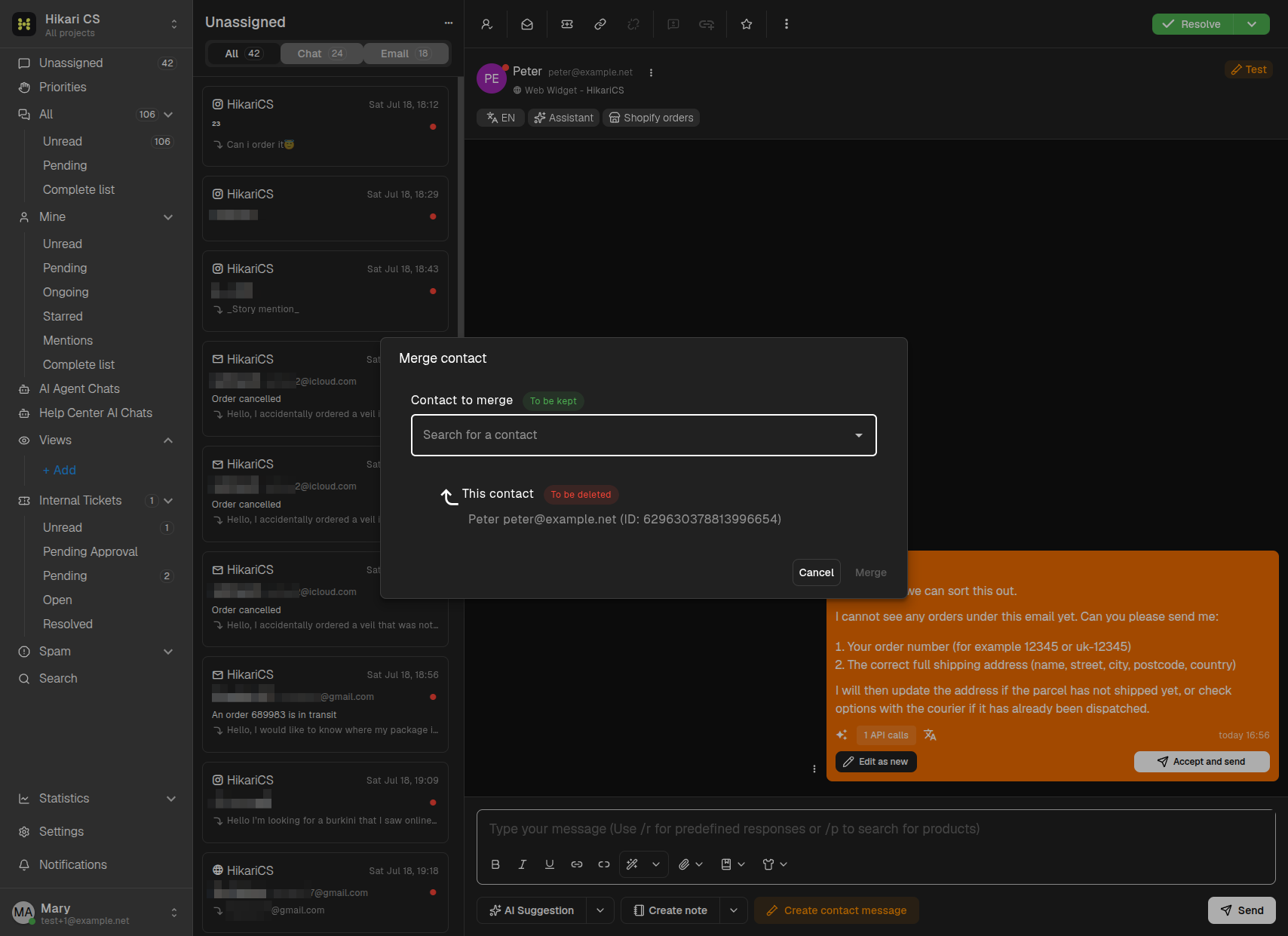 Merge contact dialog