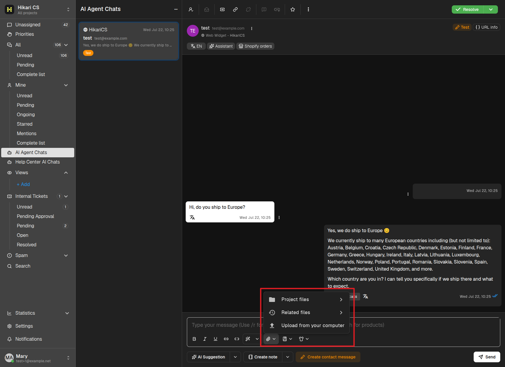 Attachments menu