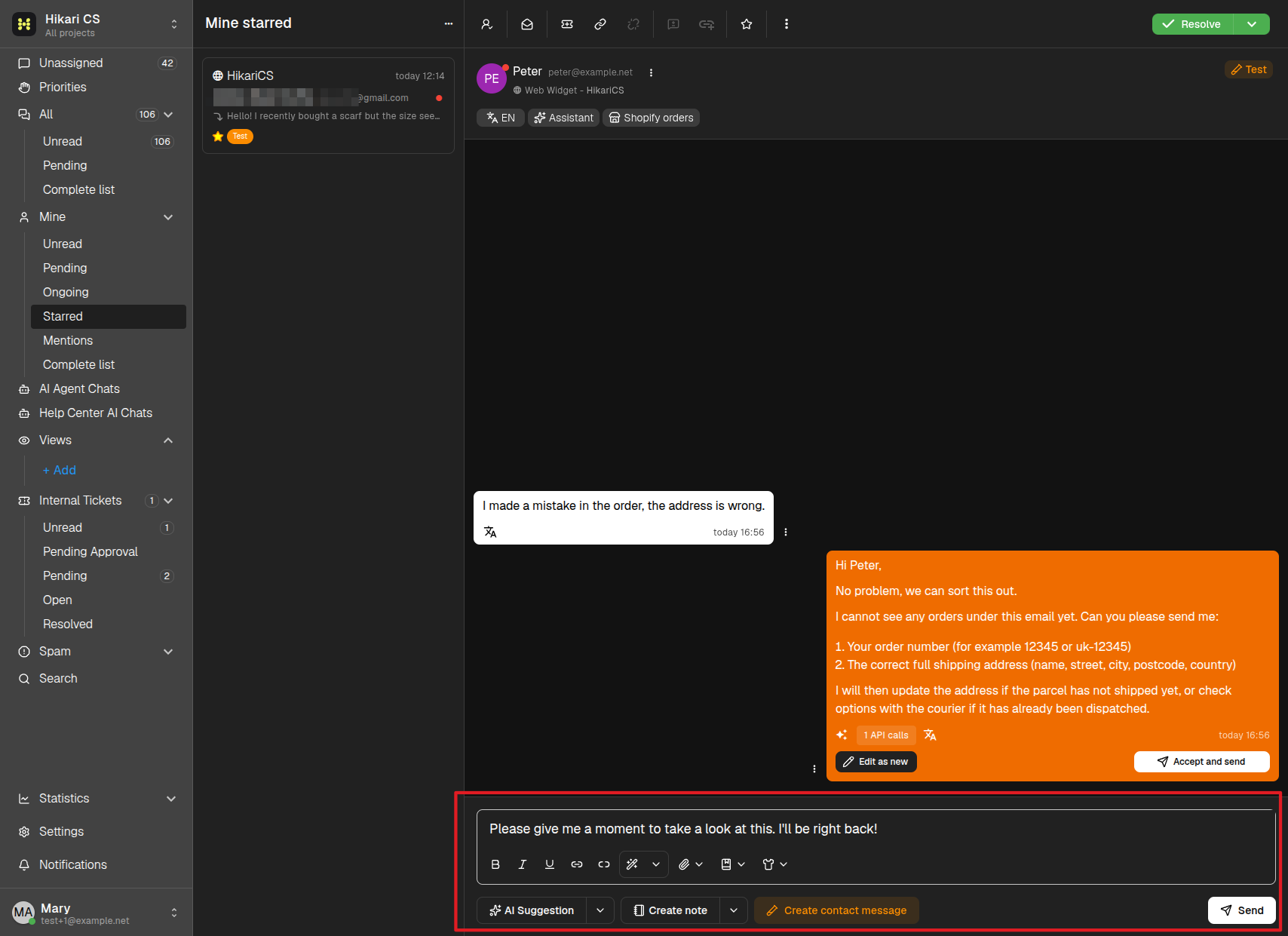 Preset reply inserted in the composer