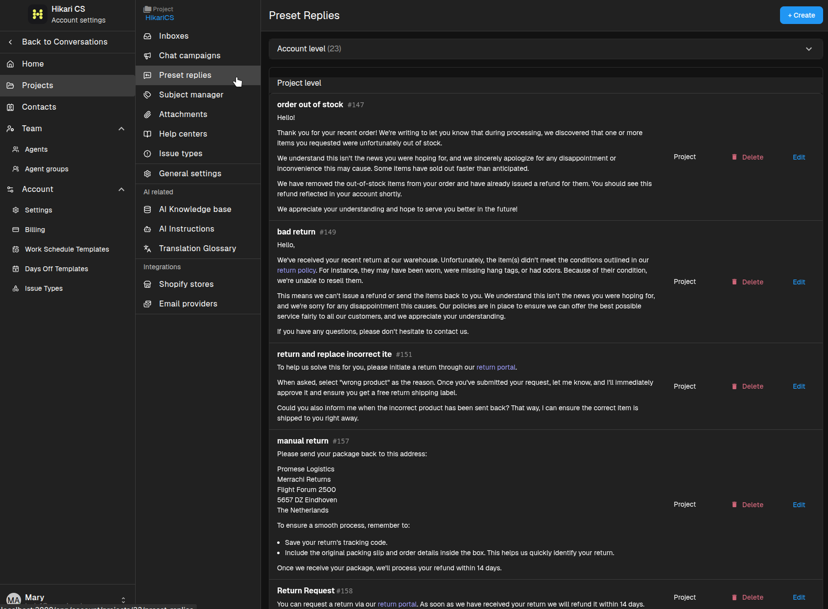 Preset replies settings page