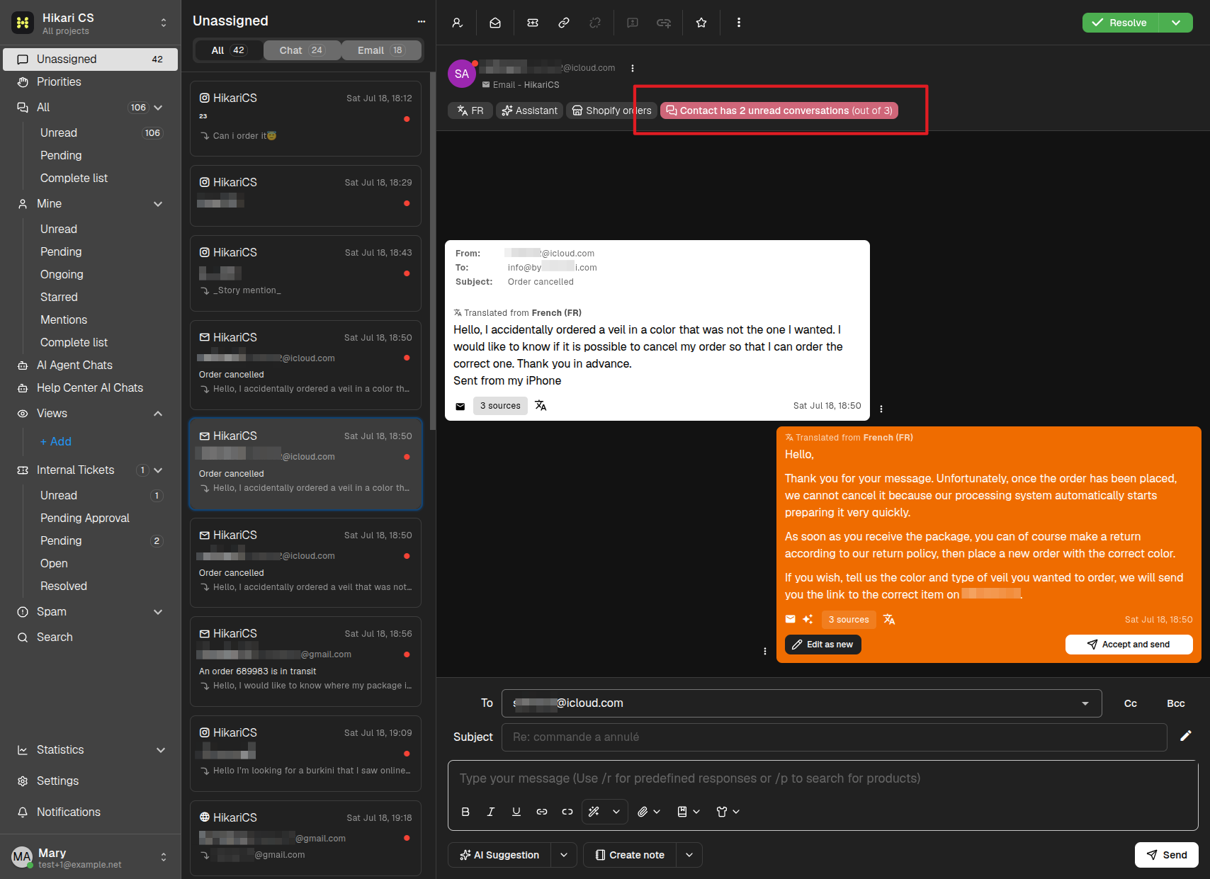 Conversation header with the contact conversations button