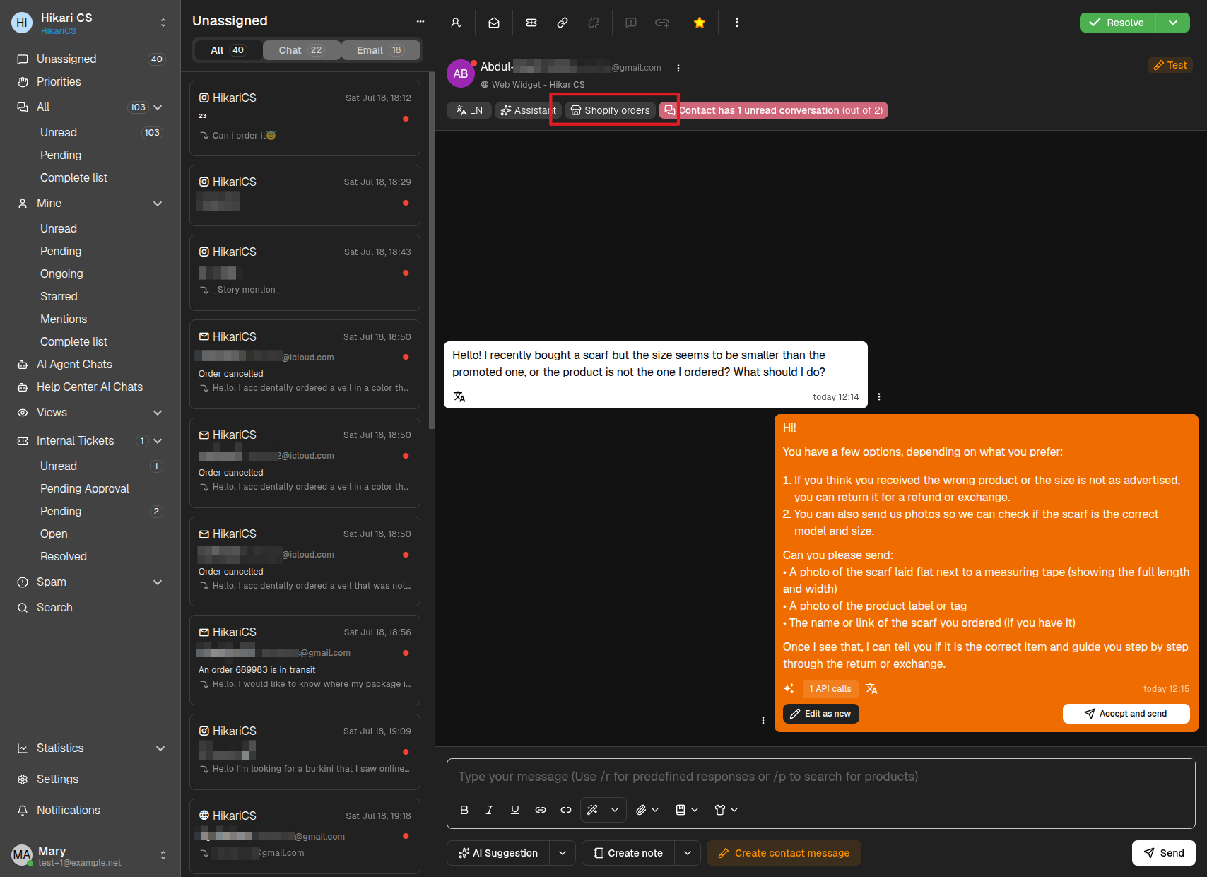 Shopify orders button in conversation header