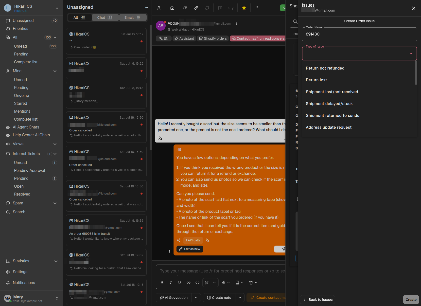 Create order issue form