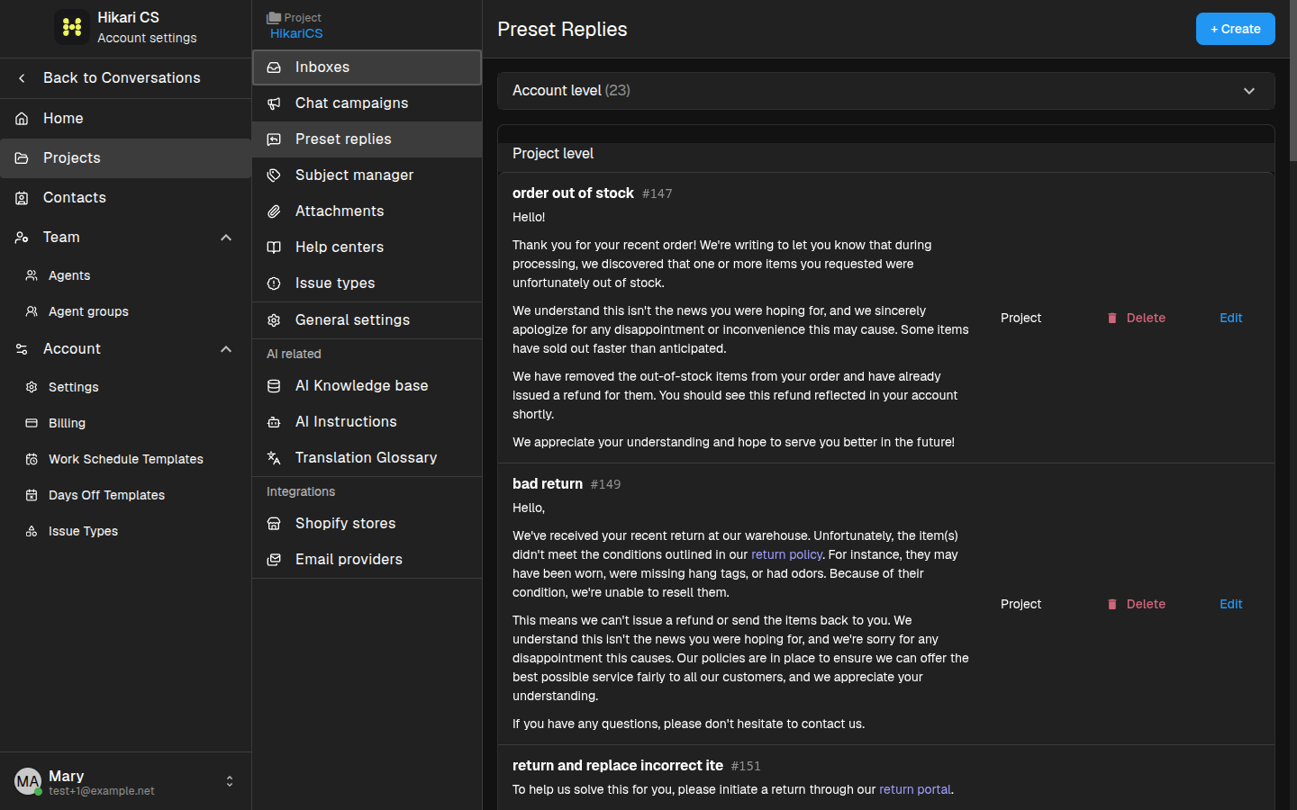 Preset replies settings page