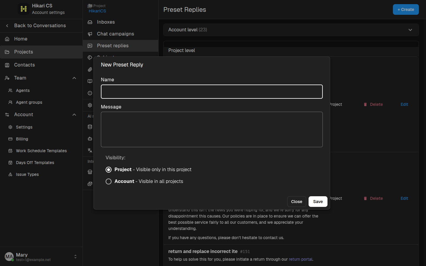 Create preset reply dialog