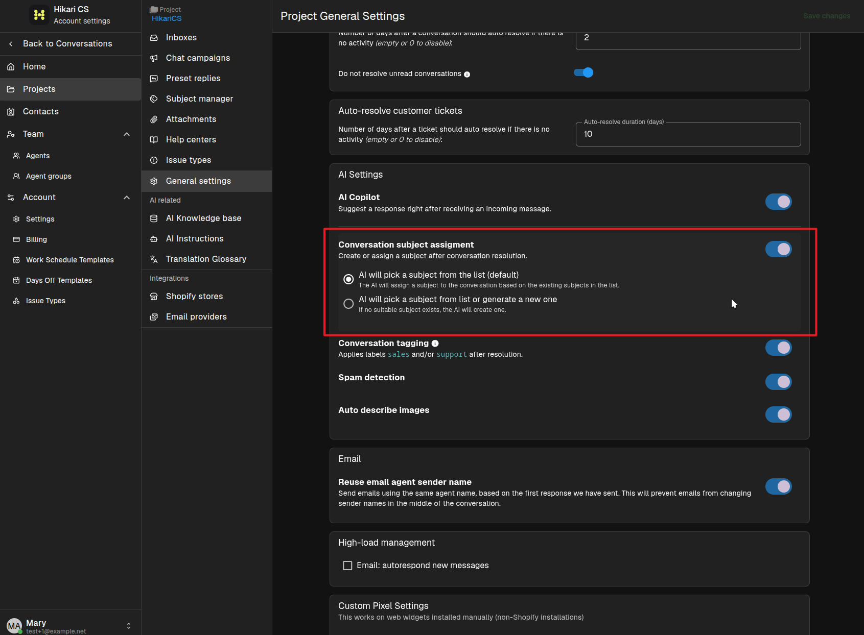 Conversation subject assignment settings