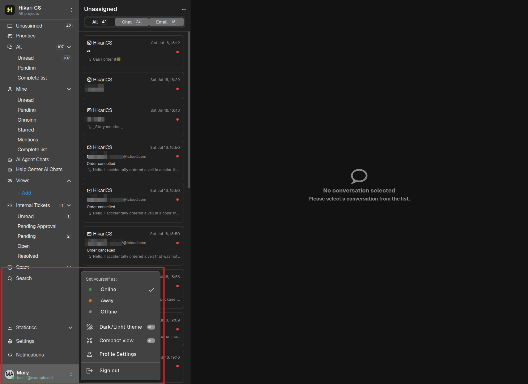 Profile menu