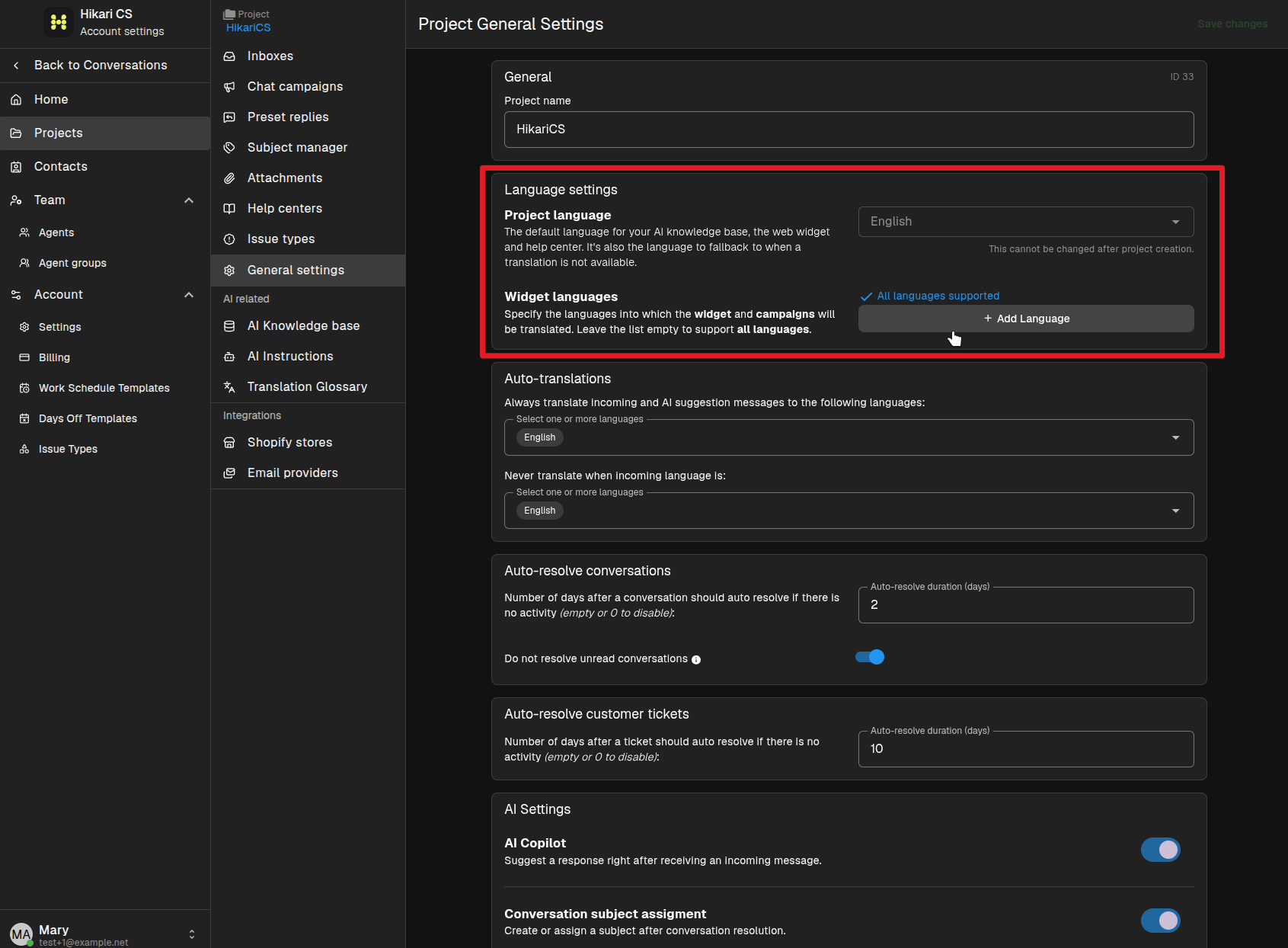 Project language settings