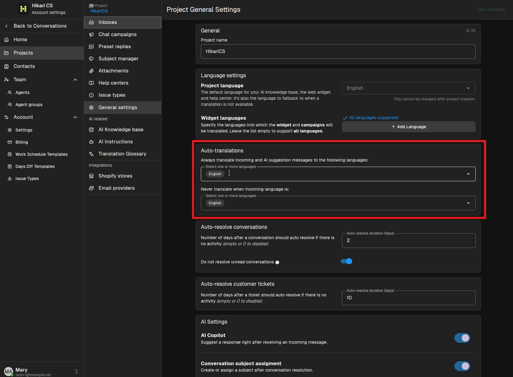 Project auto-translations