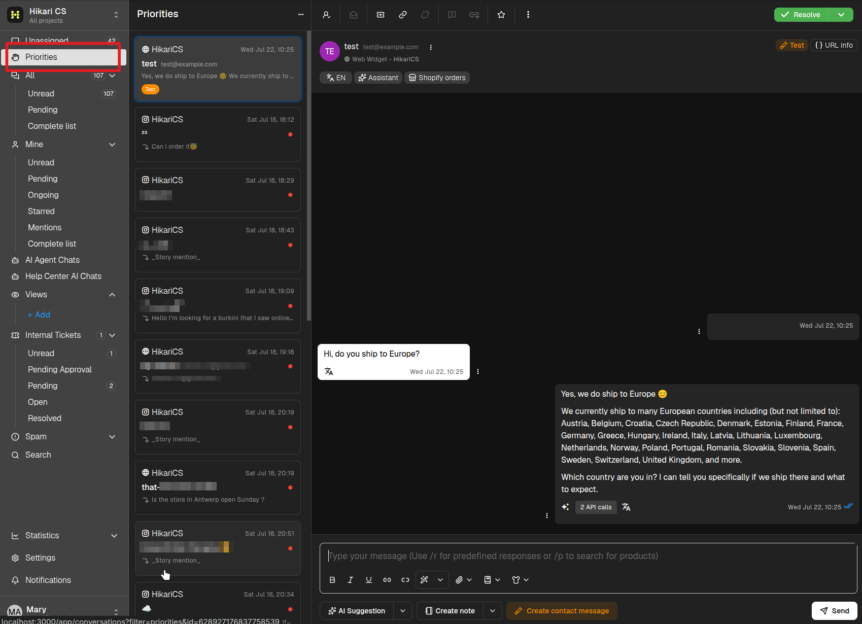 Priorities filter in the dashboard