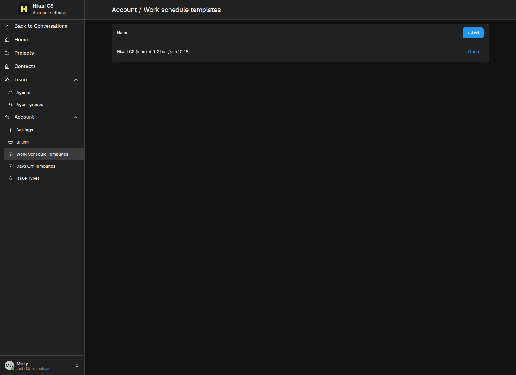 Work schedule templates page
